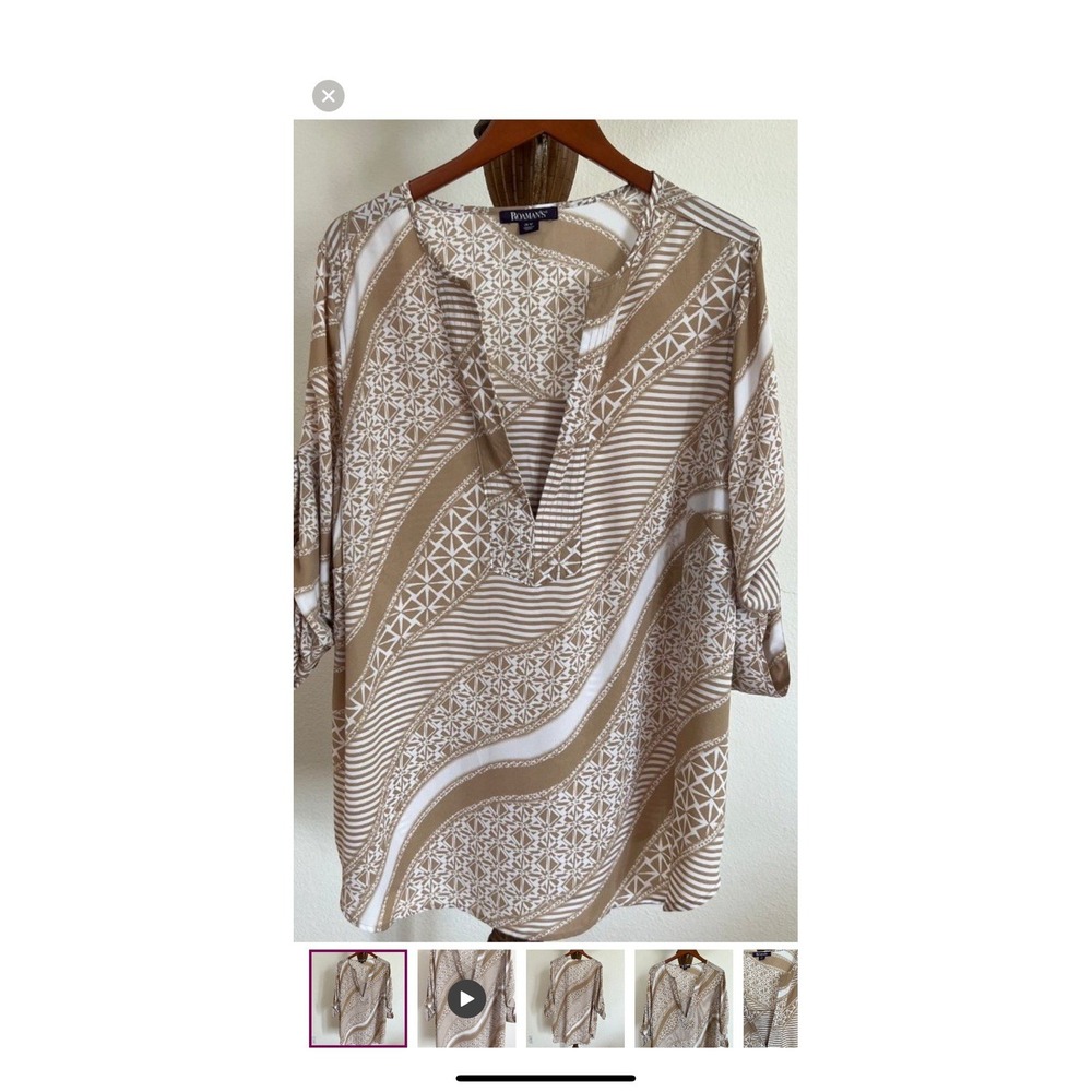 roamans womens tops 1x Brown Tan Geometric Long Button Tab Sleeve Split V‎ Neck